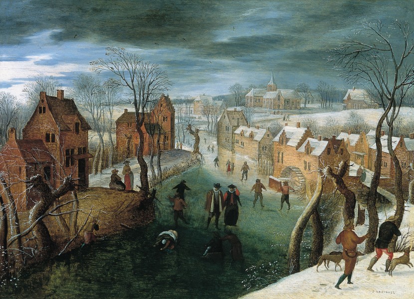 Jacob Grimmer - Winterlandschap met schaatsers op een bevroren rivier en jagers op de voorgrond