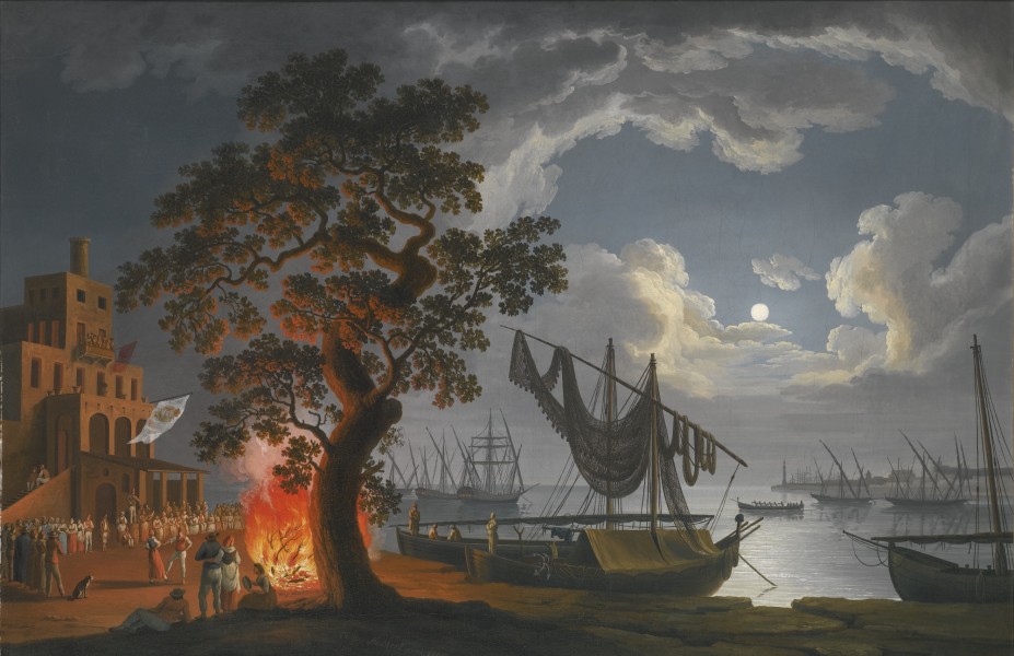 Jacob Philipp Hackert - Ein Zollhaus bei Mondschein mit Tänzern und Musikern (1780)