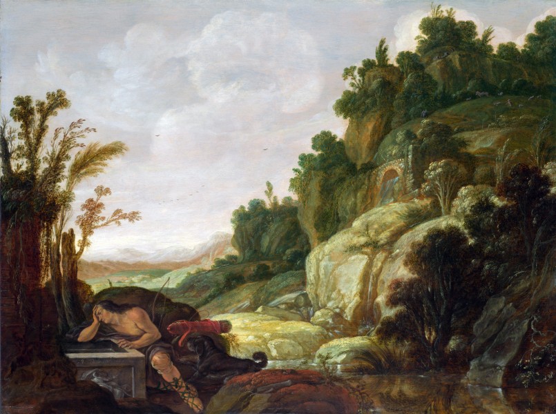 Jacob Pynas - Mountain Landscape with Narcissus (1628)