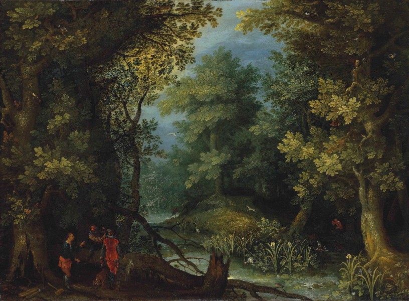 Jan Brueghel de Oude - Jagers met honden door een stroom in een bebost landschap
