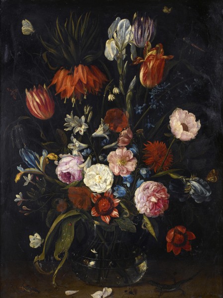 Jan van Kessel de Oude - Een stilleven van tulpen, een keizerskroon, sneeuwklokjes, lelies etc.