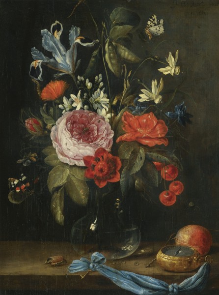 Jan van Kessel de Oude - Stilleven met bloemen in een glazen vaas, samen met een atalanta vlinder etc