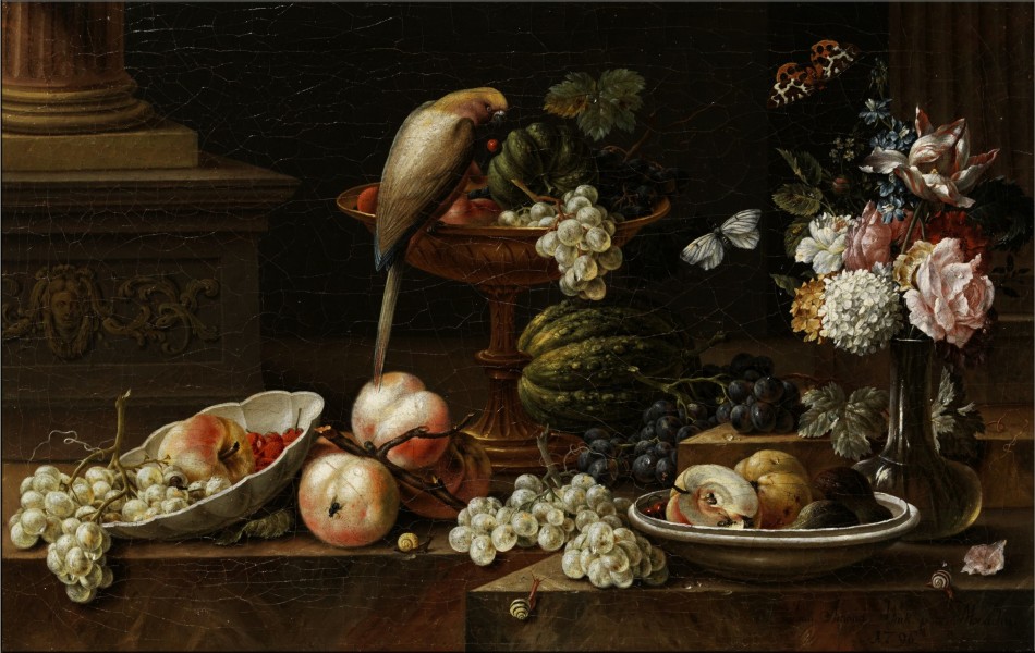 Johann Amandus Winck - Stilleben mit Blumen, Früchten, Graupapagei und anderen Tieren