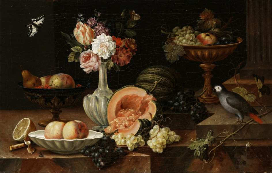 Johann Amandus Winck - Stilleben mit Blumen, Früchten, Papagei und anderen Tieren