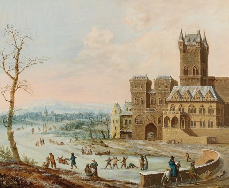 Johann Philipp Ulbricht - Figures in a winter landscape with a gothic castle