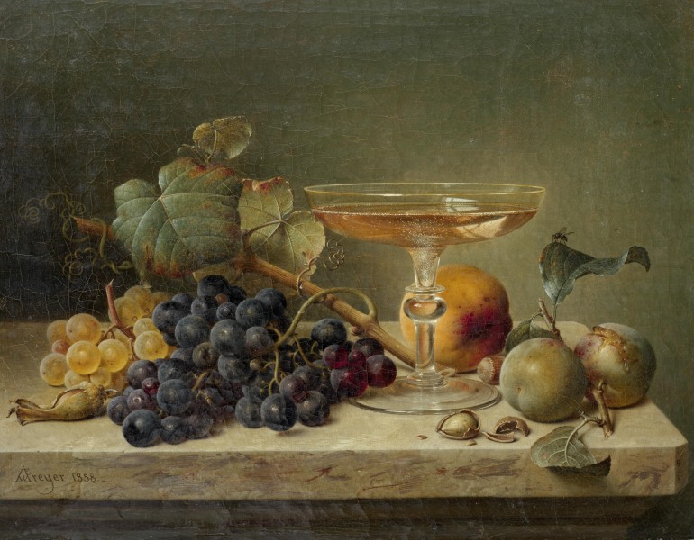 Johann Wilhelm Preyer Still life of fruit nuts and a glass on a marble ledge