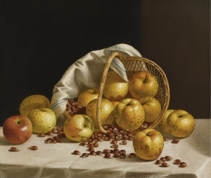 John F. Francis - Still Life, yellow apples and chestnuts spilling from a basket