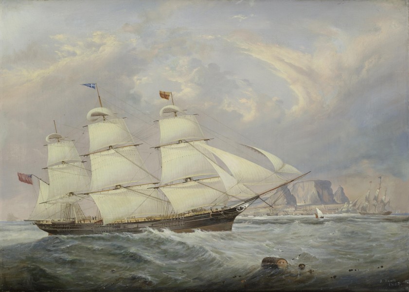 John Scott - A British three-masted merchantman in two positions in Table Bay as she runs into Cape Town