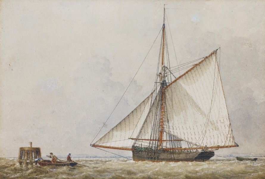 John Ward of Hull - A trading cutter shortening sail as members of her crew carry a mooring rope to a wooden dolphin nearby