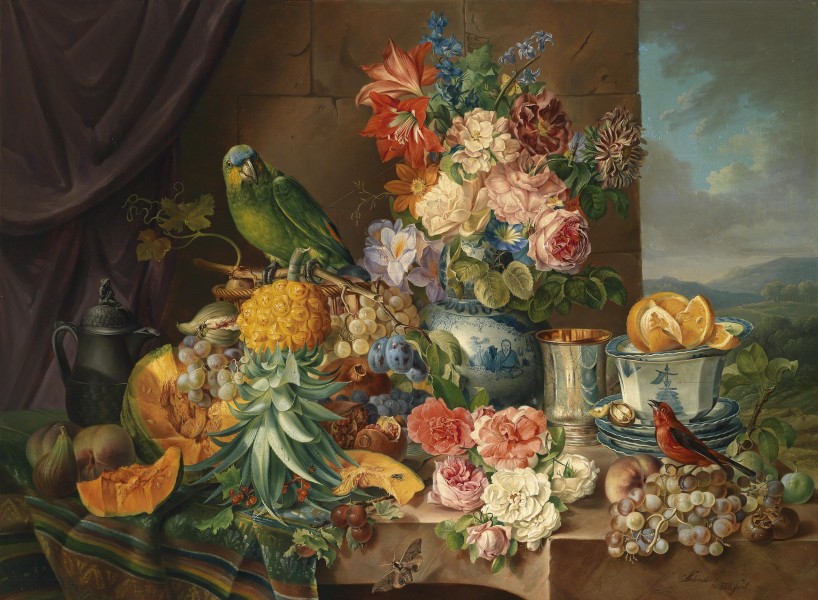 Josef Schuster Stillleben mit Früchten Blumen und Papagei 1836