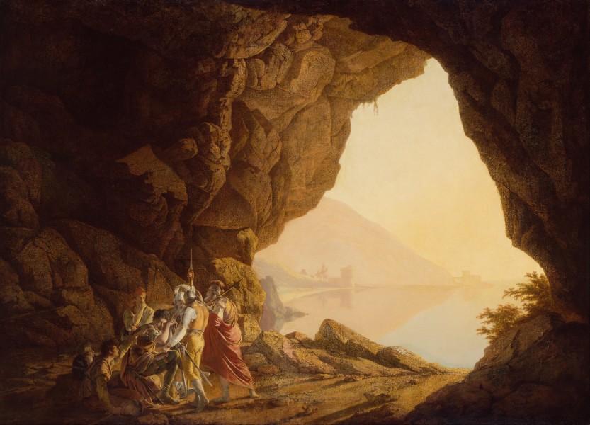 Joseph Wright of Derby - Grotto by the Seaside in the Kingdom of Naples with Banditti, Sunset - Google Art Project