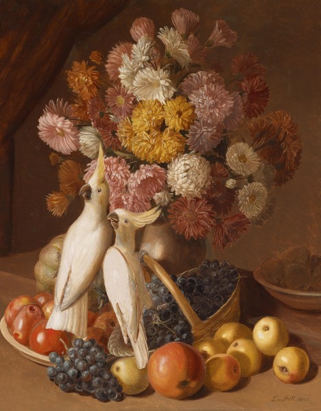 Leopold von Stoll Blumenstillleben mit Früchten und Nymphensittichen 1842