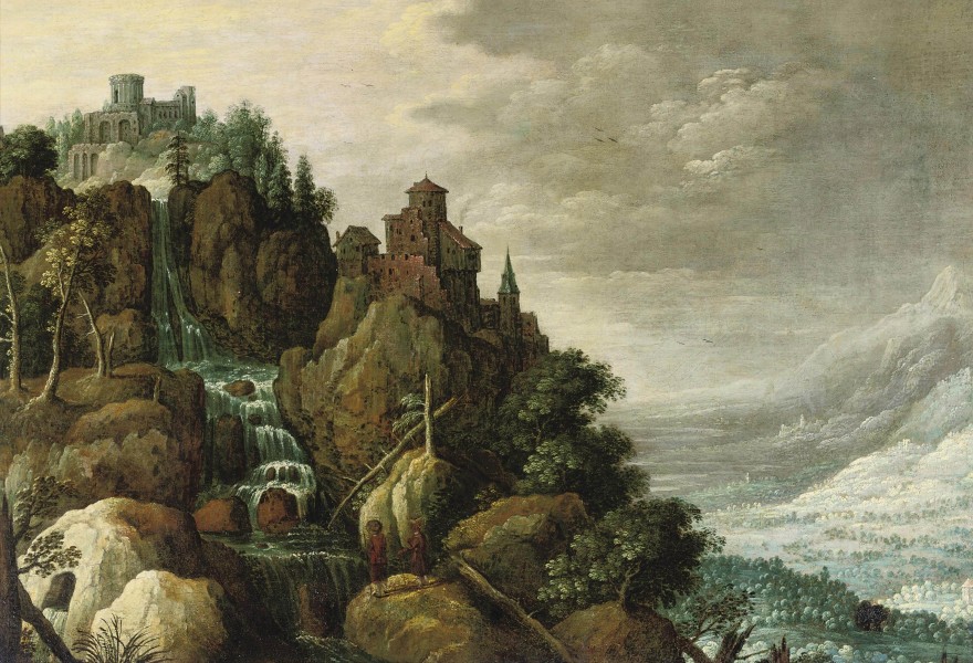 Marten Rijckaert - A mountainous landscape with a waterfall and a fortification on the rocks, figures conversing in the foreground