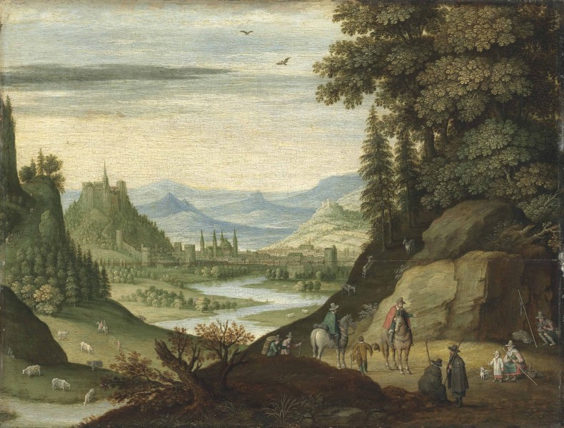 Martin Ryckaert - An extensive mountainous landscape with figures on horseback and others resting in the foreground, a winding river and a town beyond