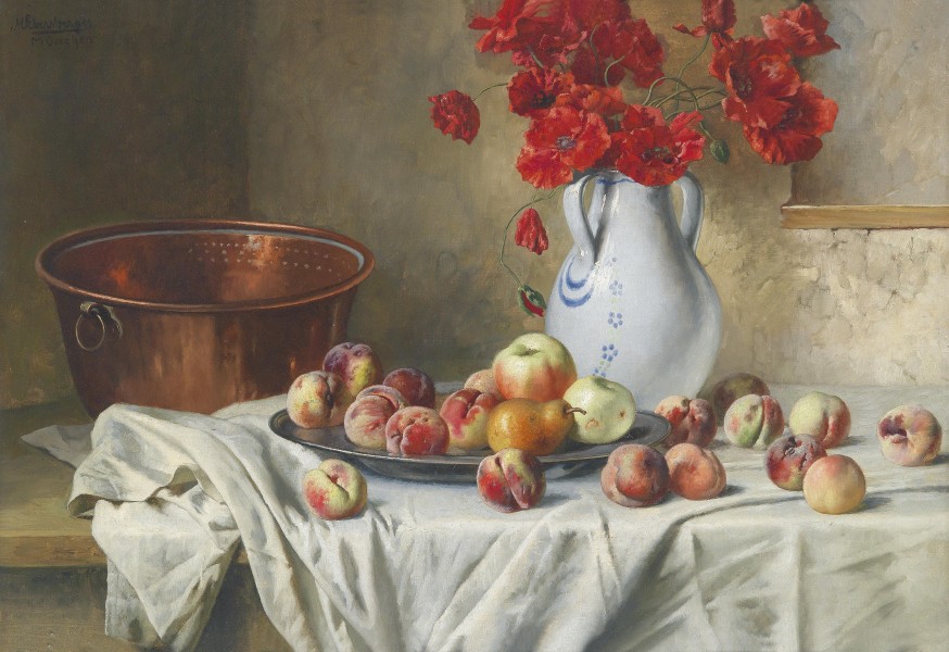 Max Ebersberger Stillleben mit Äpfeln und Mohnblumen
