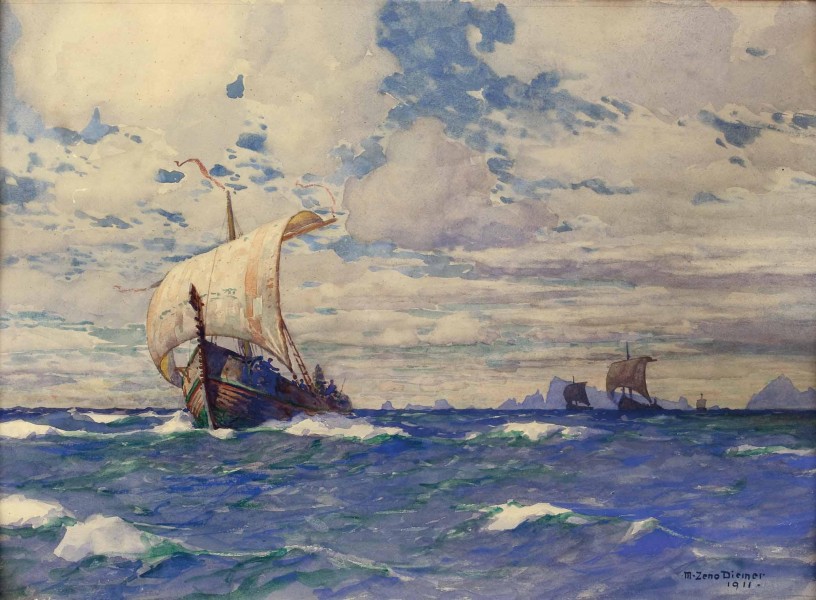 Michael Zeno Diemer Wikingerschiffe vor Felsenküste 1911