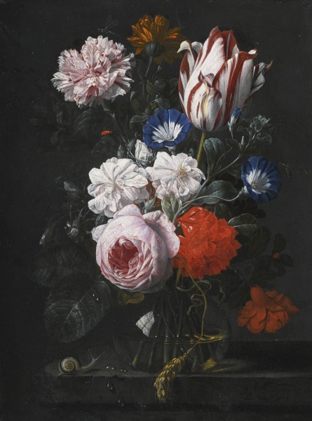 Nicolaes van Verendael - Still life with a tulip, a rose, a carnation and other flowers in a glass vase, on a stone ledge