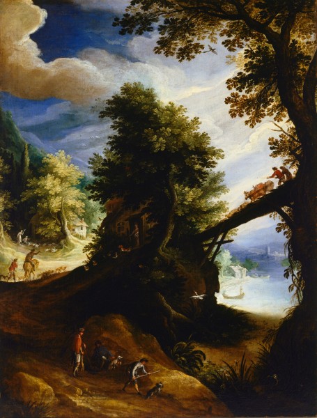 Paul Bril - A wooded landscape with a bridge and sportsmen at the edge of the river - Google Art Project