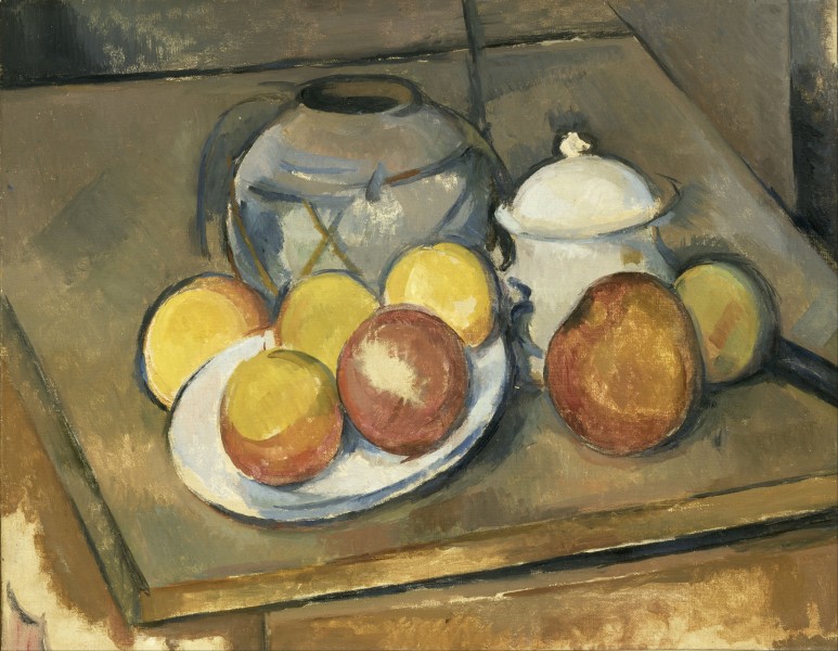 Paul Cézanne - Straw-Trimmed Vase, Sugar Bowl and Apples - Google Art Project
