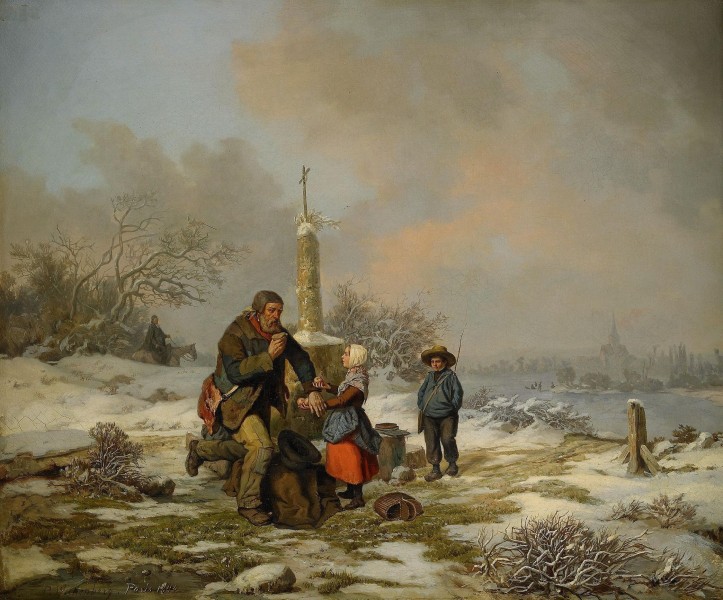Per Gabriel Wickenberg - Vinterlandskap med vandringsman och barn vid vägaltare