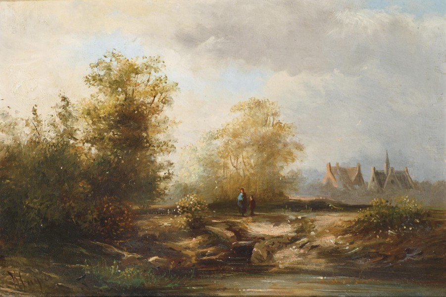 Pieter Lodewijk Francisco Kluyver - Zomer landschap met figuren bij een boerderij