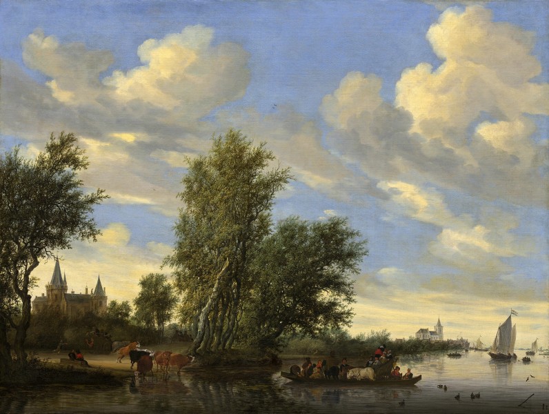 Salomon van Ruysdael - Rivierlandschap met veerpont (1649)