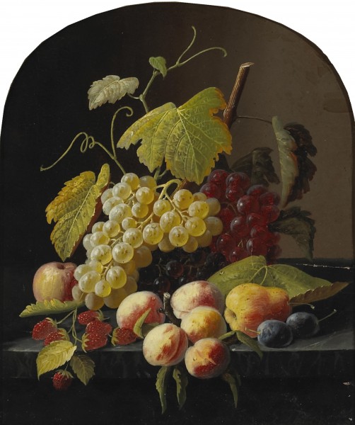 Severin Roesen - A Still Life with Grapes, Peaches and other Fruit on a Ledge