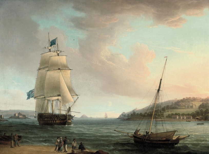 Thomas Whitcombe - A crowded flagship of an Admiral of the Blue passing Mount Edgcumbe