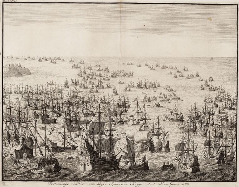 Vertooninge van de ontsachlyke Spaansche krygs vloot, in den jaare 1588 - The mighty display of the Spanish armada in 1588 (Jan Luyken)
