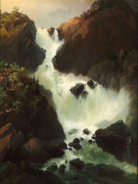 Vilhelm Melbye - A raging waterfall, Laatefossen in Hardanger, Norway (1863)