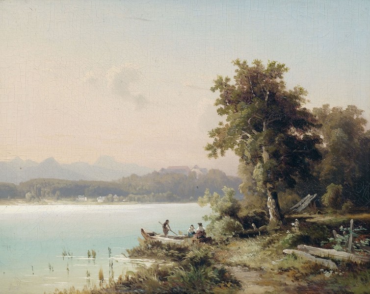 Wilhelm Lichtenheld - Partie am Chiemsee mit Blick auf die Herreninsel am frühen Morgen