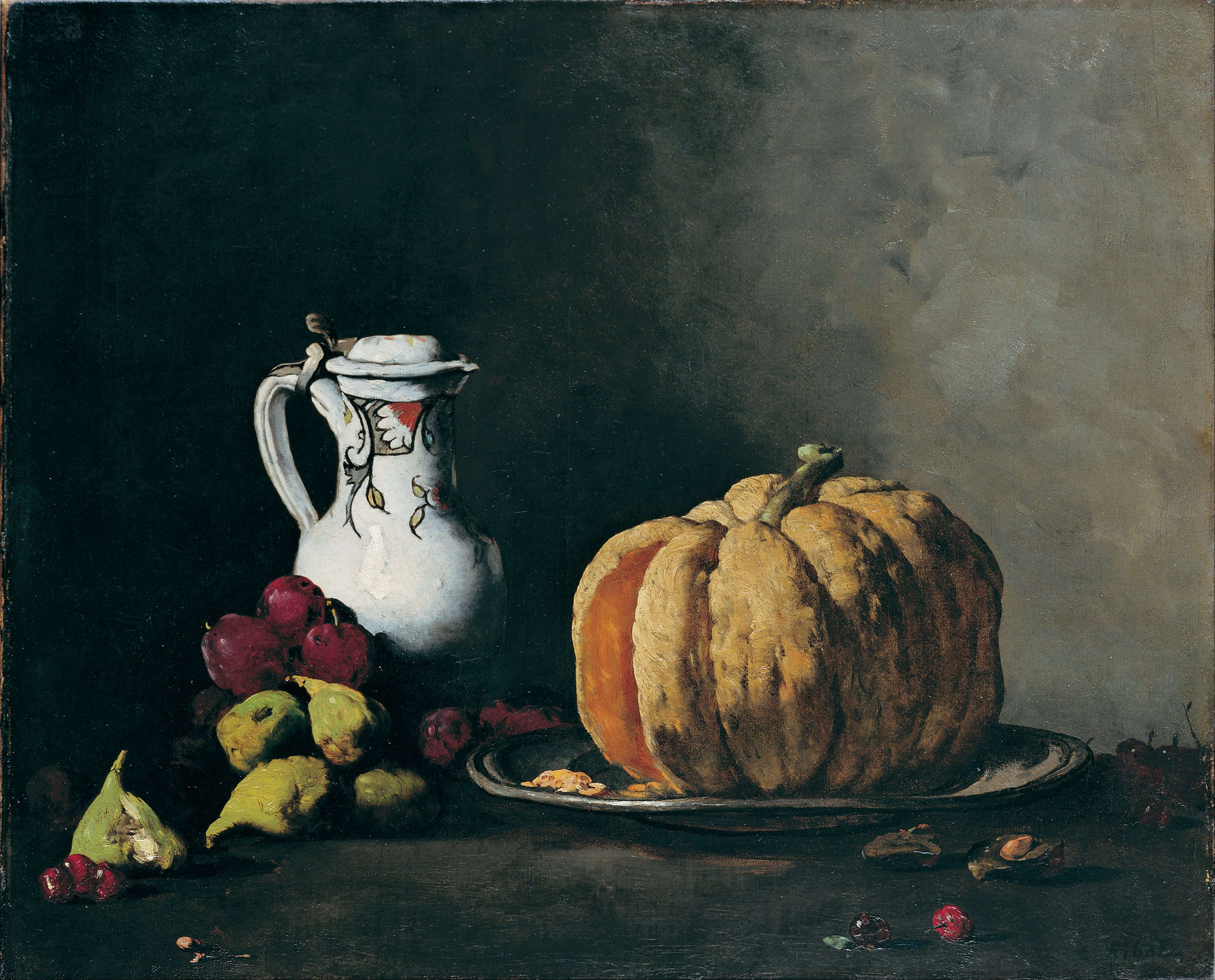Théodule-Augustin Ribot - Still Life with Pumpkin, Plums, Cherries, Figs and Jug - Google Art Project