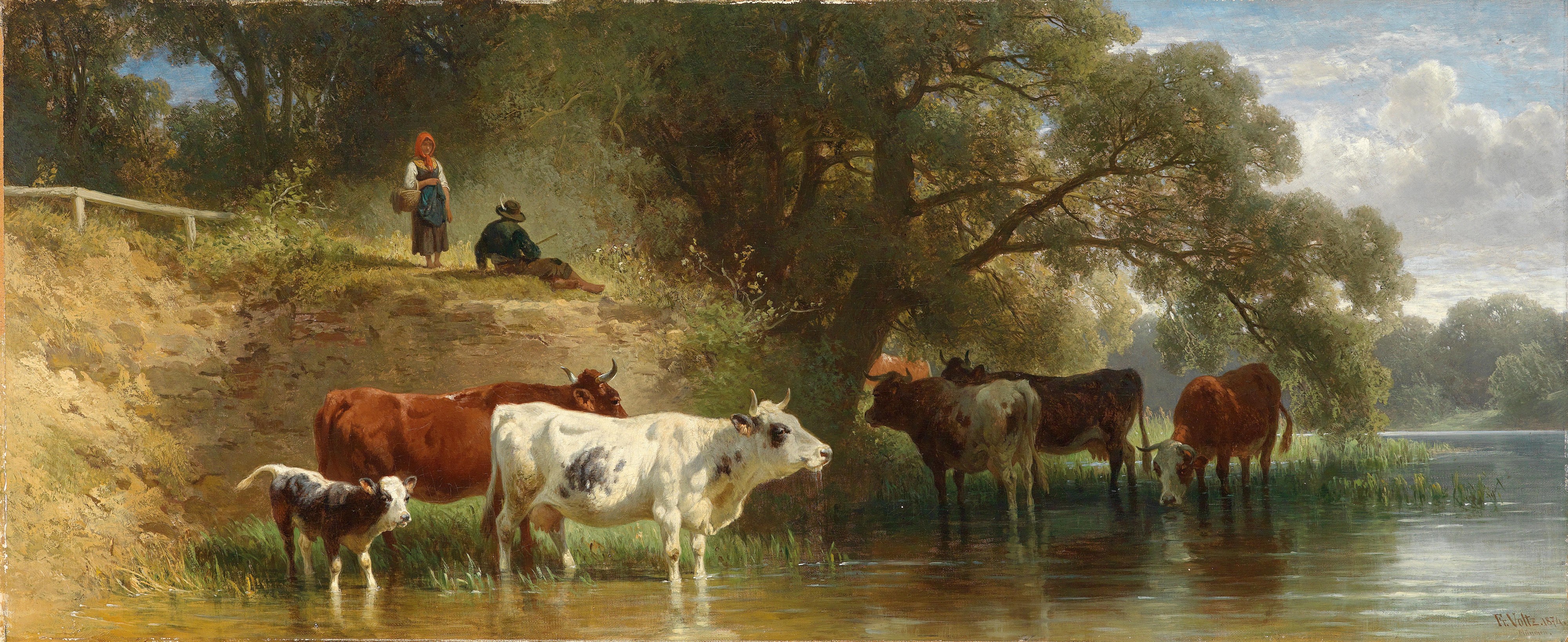 Friedrich Voltz - Weidende Kühe am Fluss mit Hirten (1874)