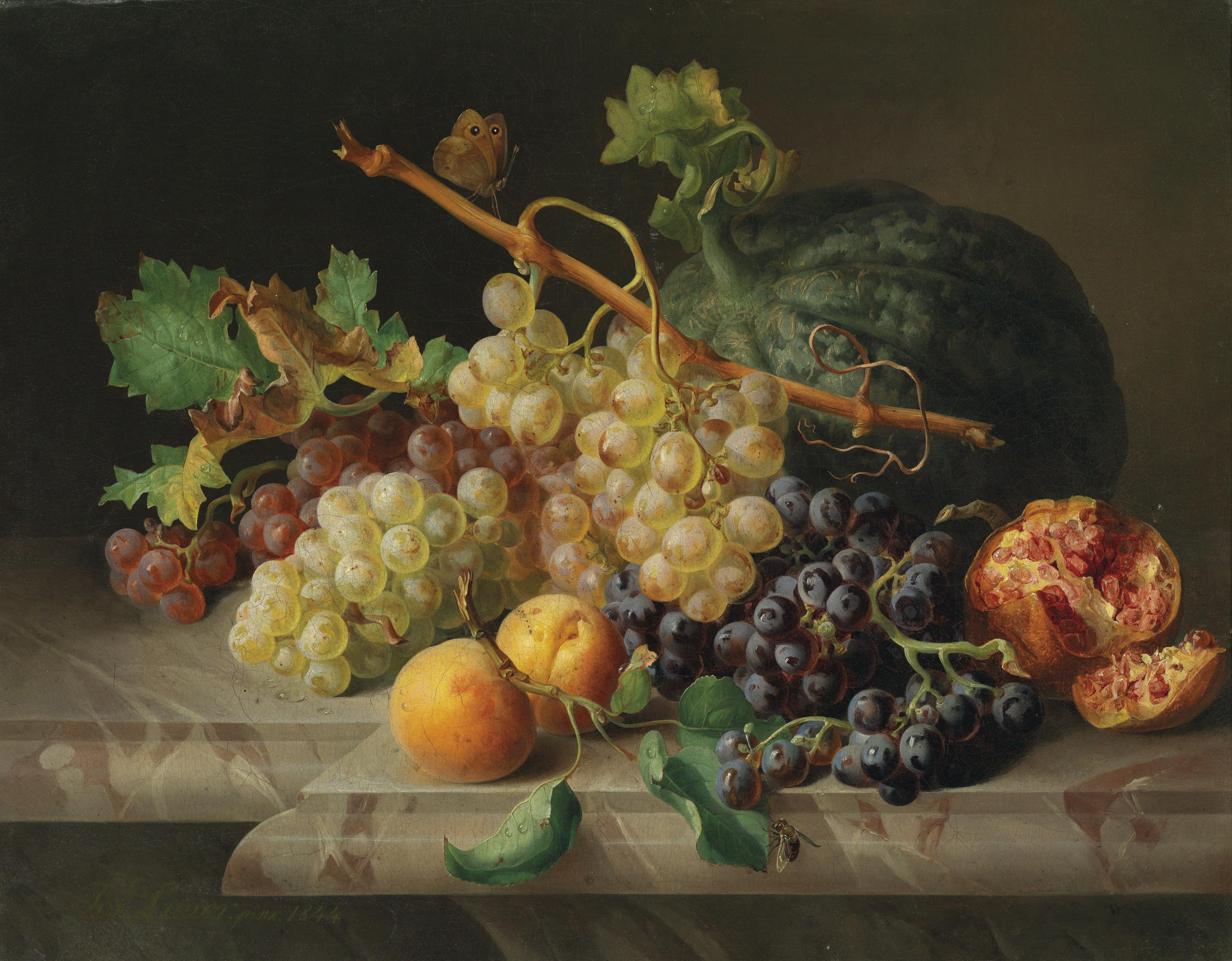 Josef Lauer Stillleben mit Granatapfel Weintrauben und Melone 1844