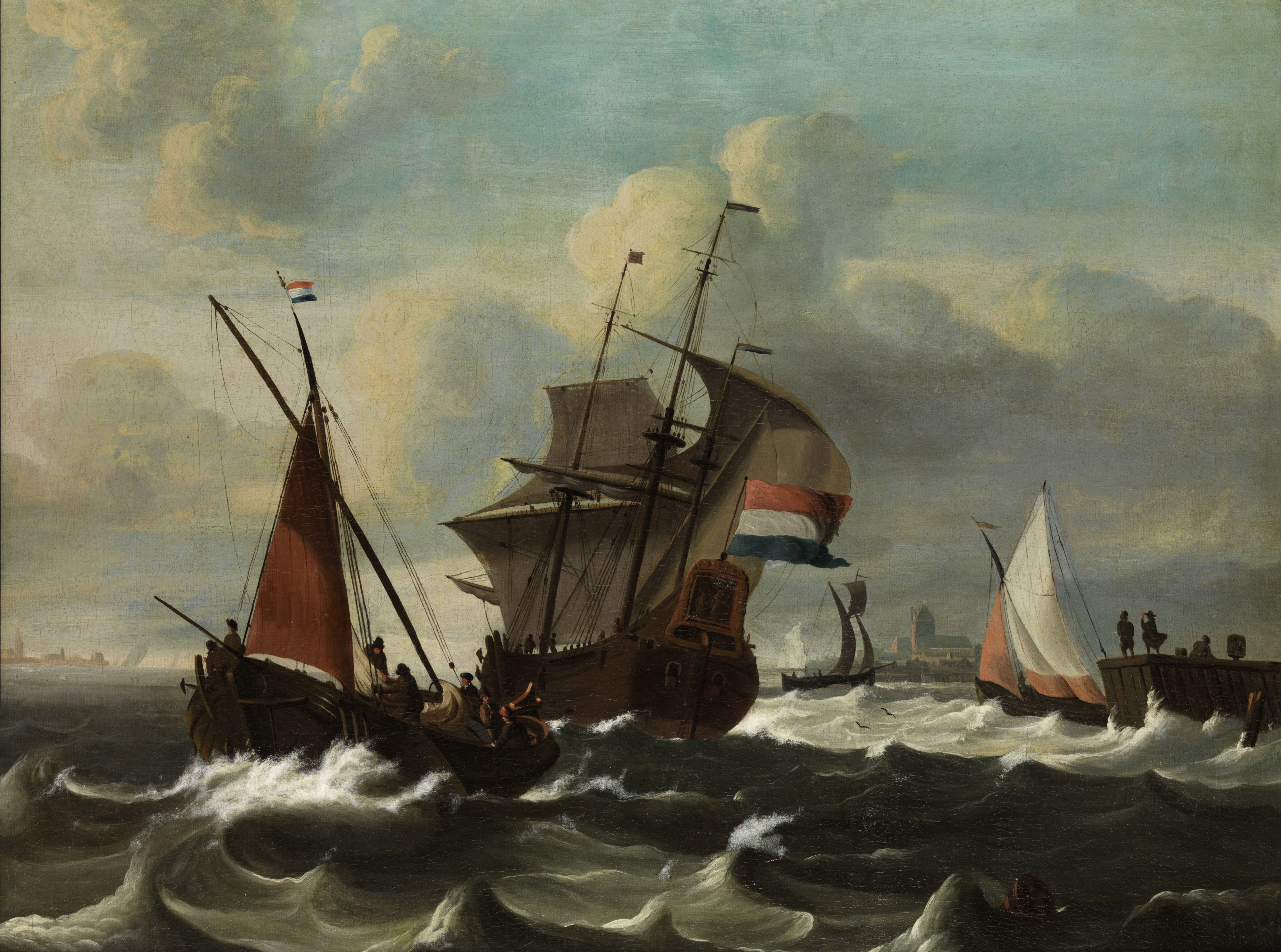 Ludolf Bakhuizen - Zeegezicht met Nederlandse vlag varende driemaster