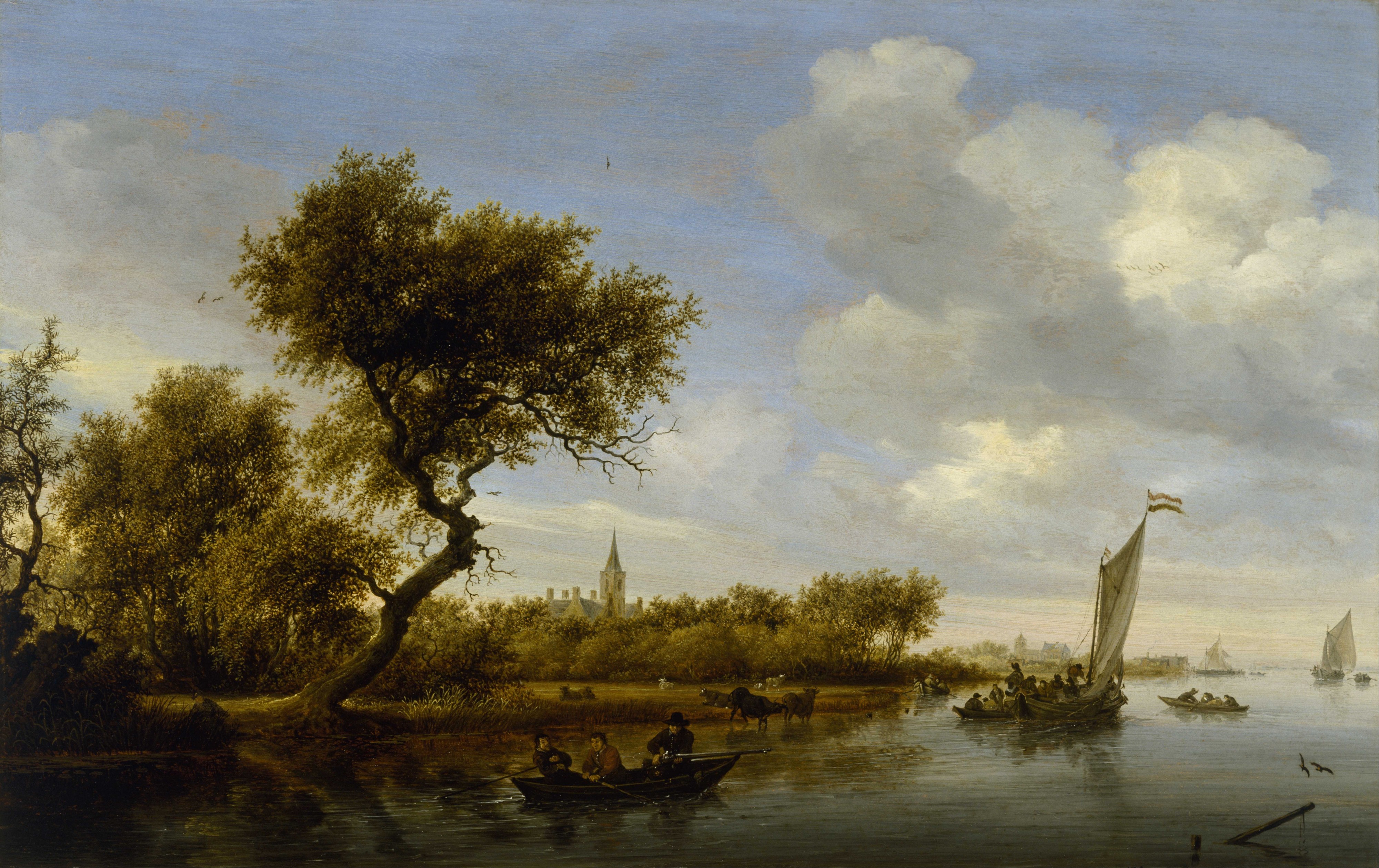 Salomon van Ruysdael - River Landscape with a Church in the Distance - Google Art Project
