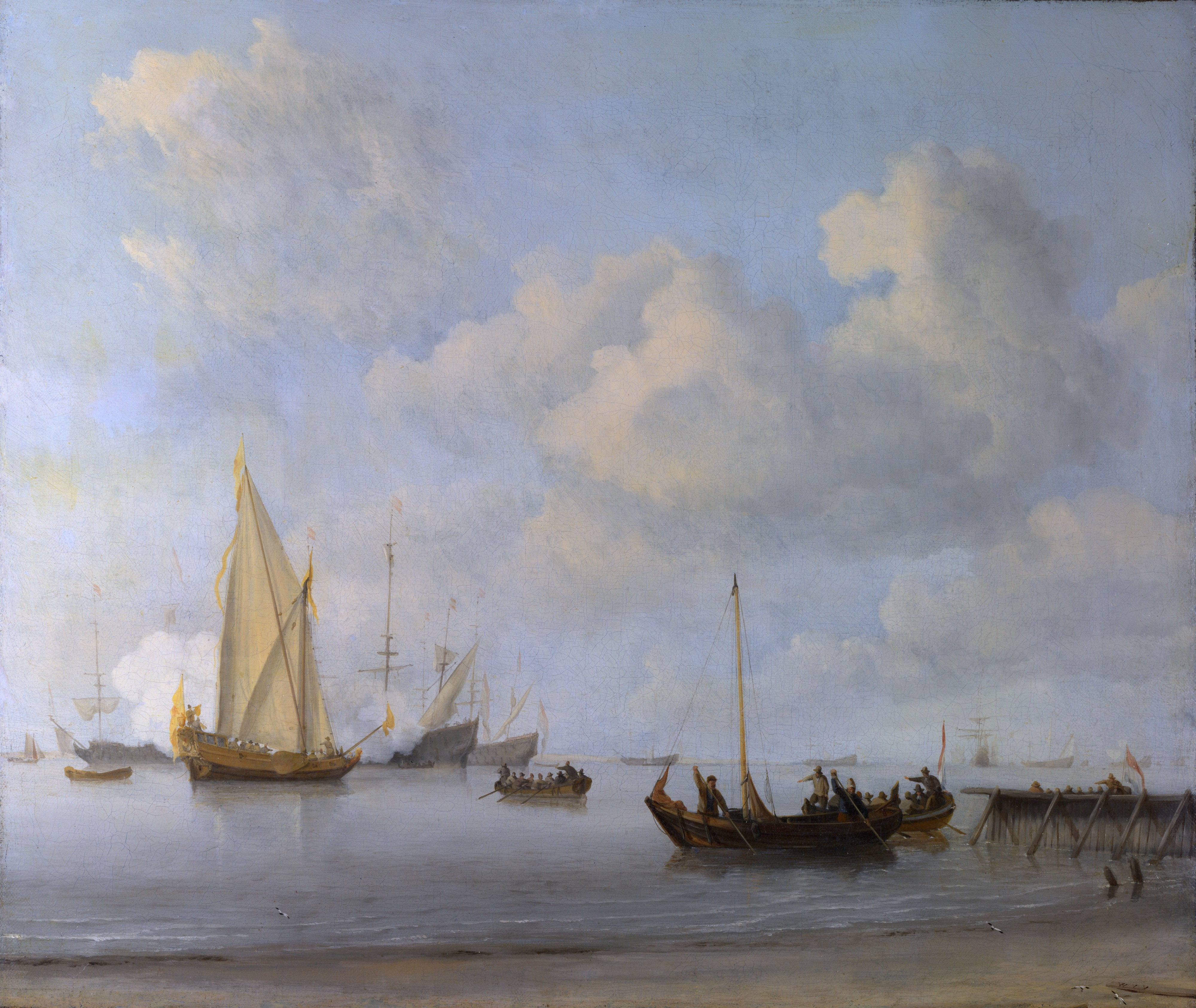 Willem van de Velde II - Boats pulling out to a Yacht in a Calm