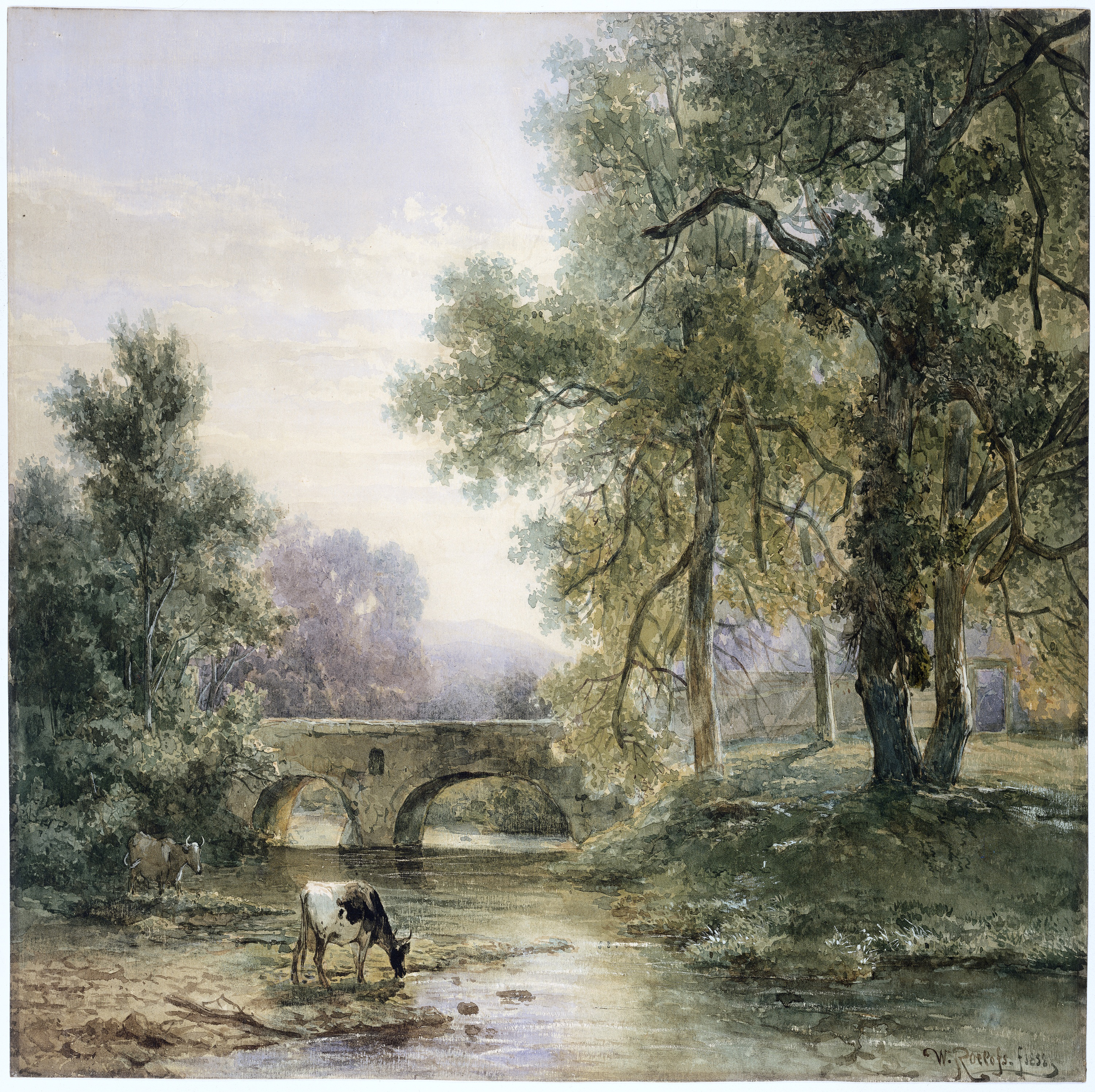 Willem Roelofs - Boomrijk landschap met stenen brug over een rivier
