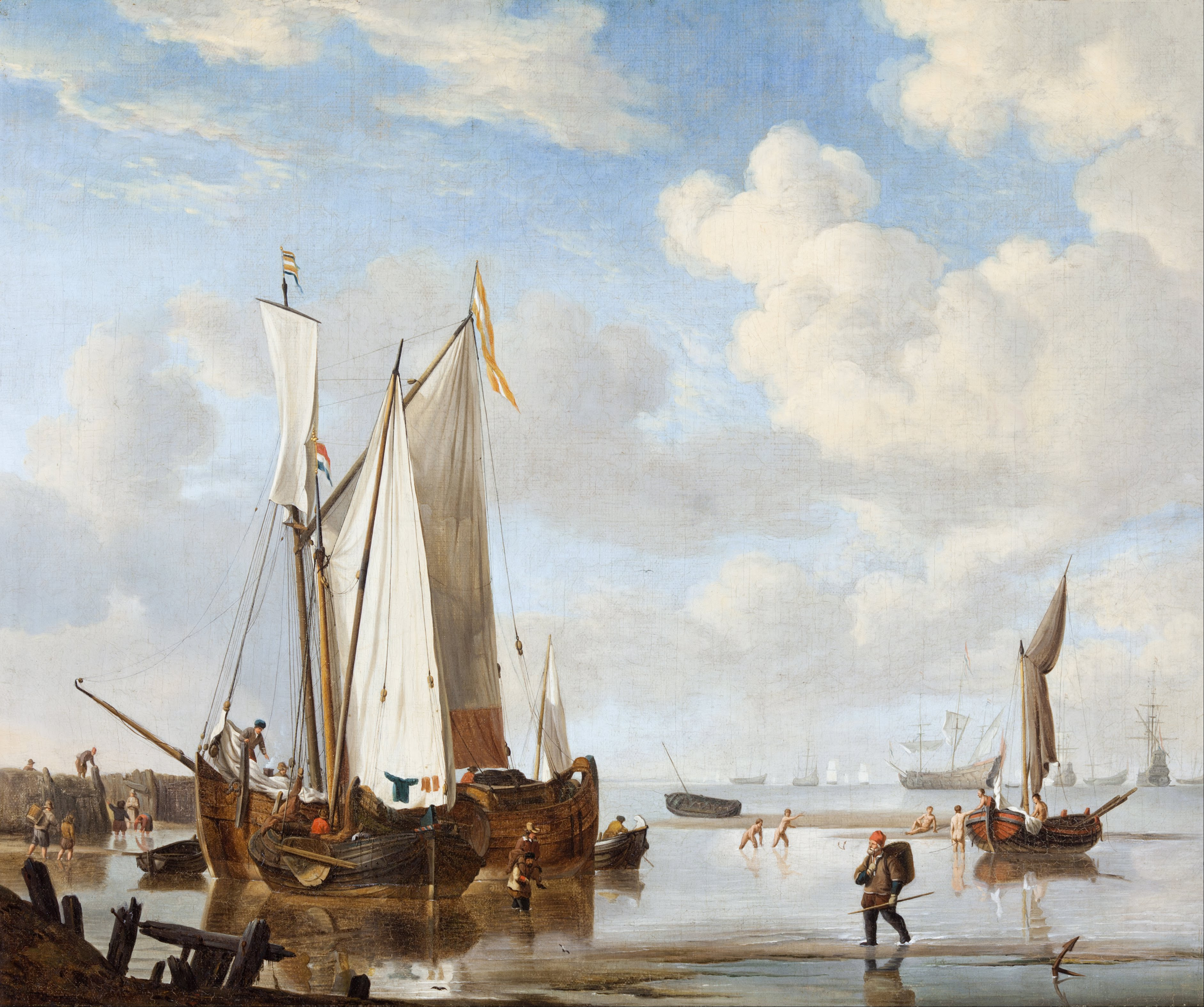Willem van de VELDE the younger and studio - A wijdschip and a kaag in an inlet close to a sea-wall - Google Art Project