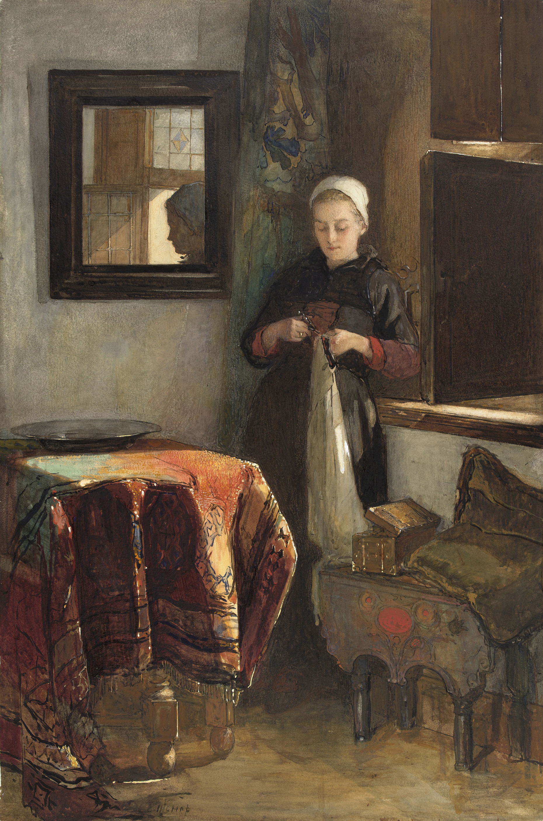 'Het zonnige hoekje'; jonge vrouw in een kamer te Hindelopen Rijksmuseum SK-A-3632