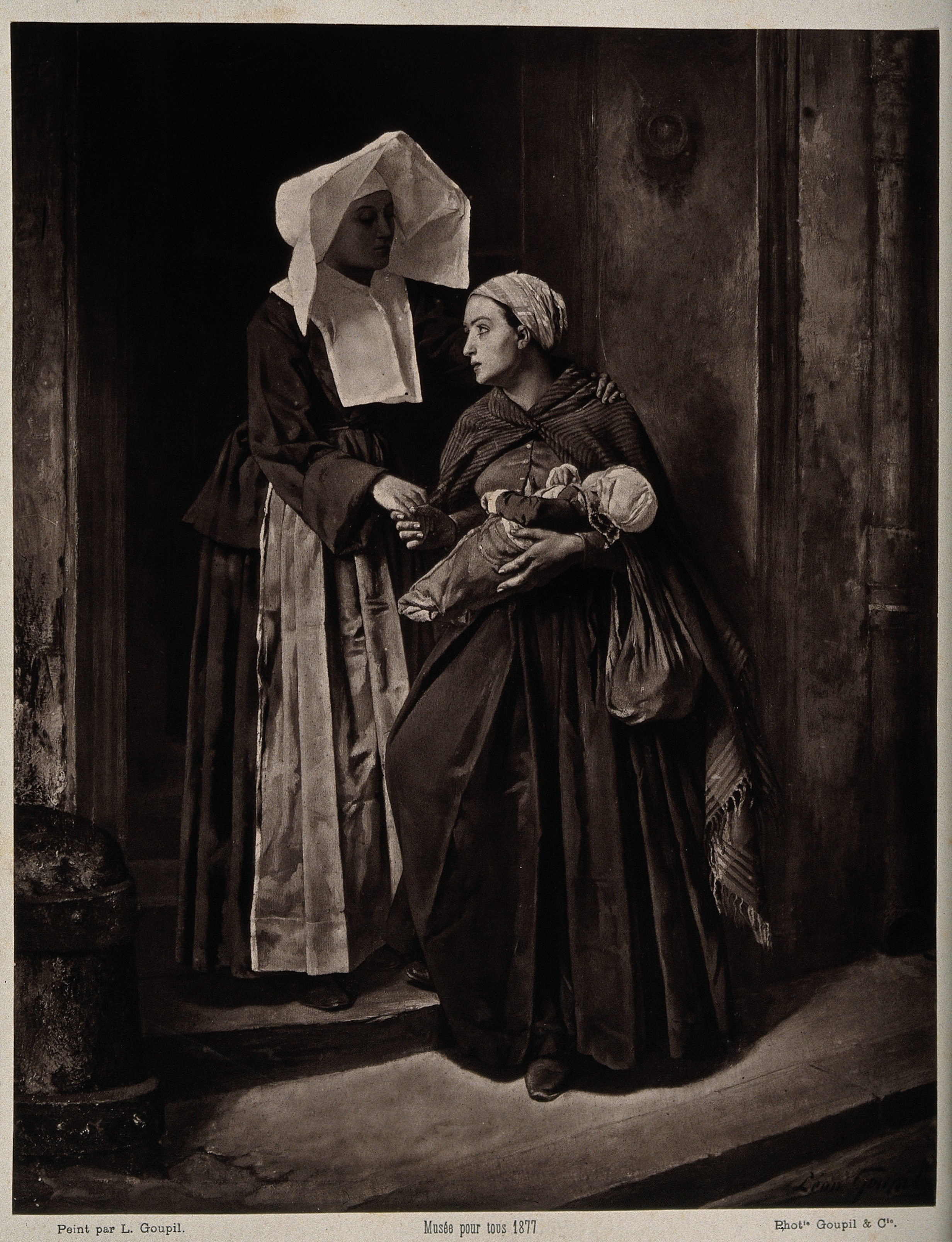 A nurse bidding farewell to a poor woman leaving hospital wi Wellcome V0015095