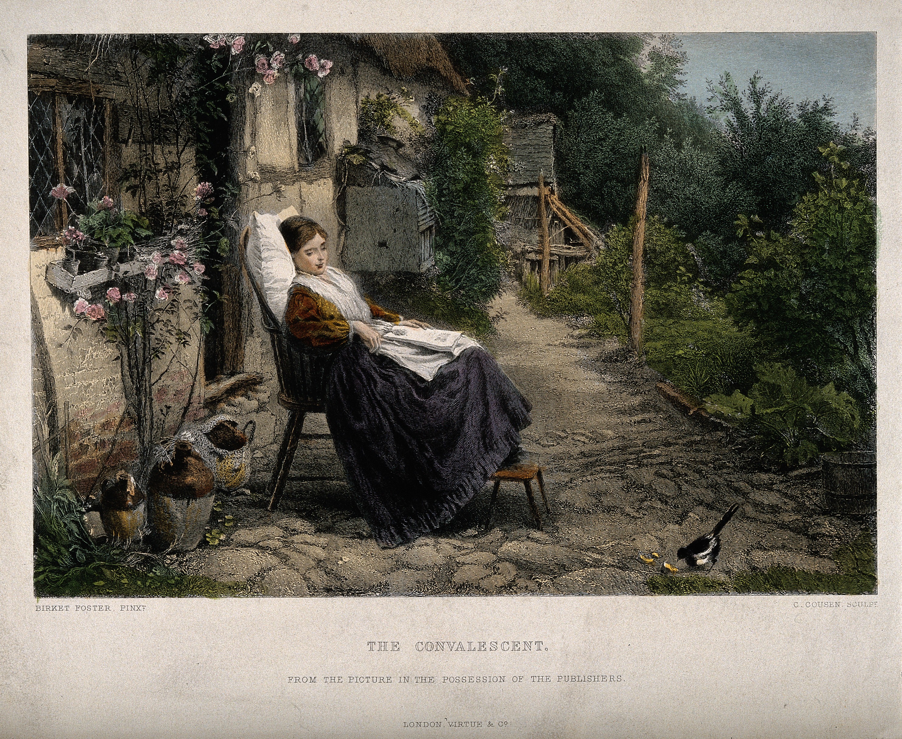 Photo of A young woman convalescing in a country garden watches a bir ...