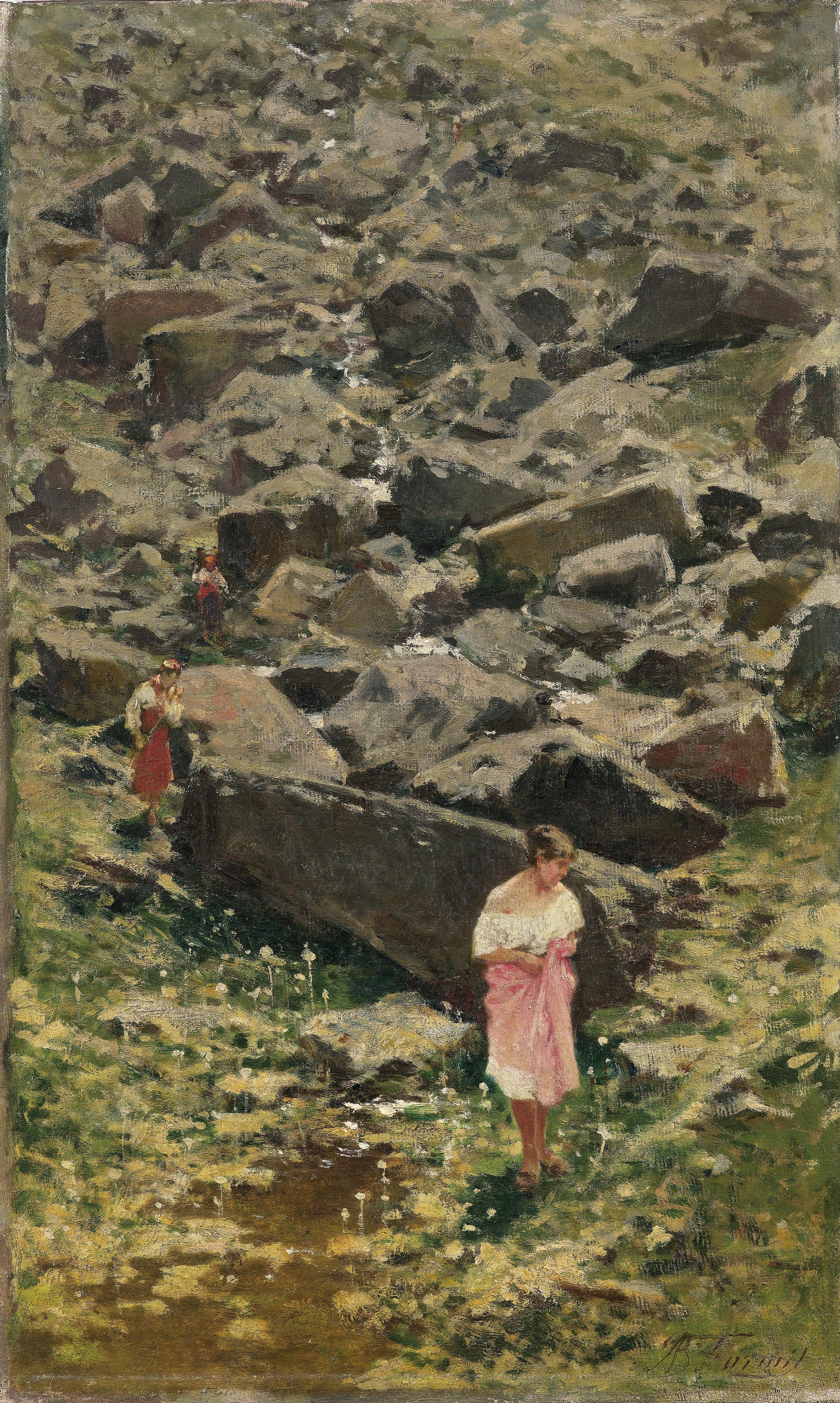 Achille Befani Formis Felsige Landschaft mit jungen Frauen am Bachufer