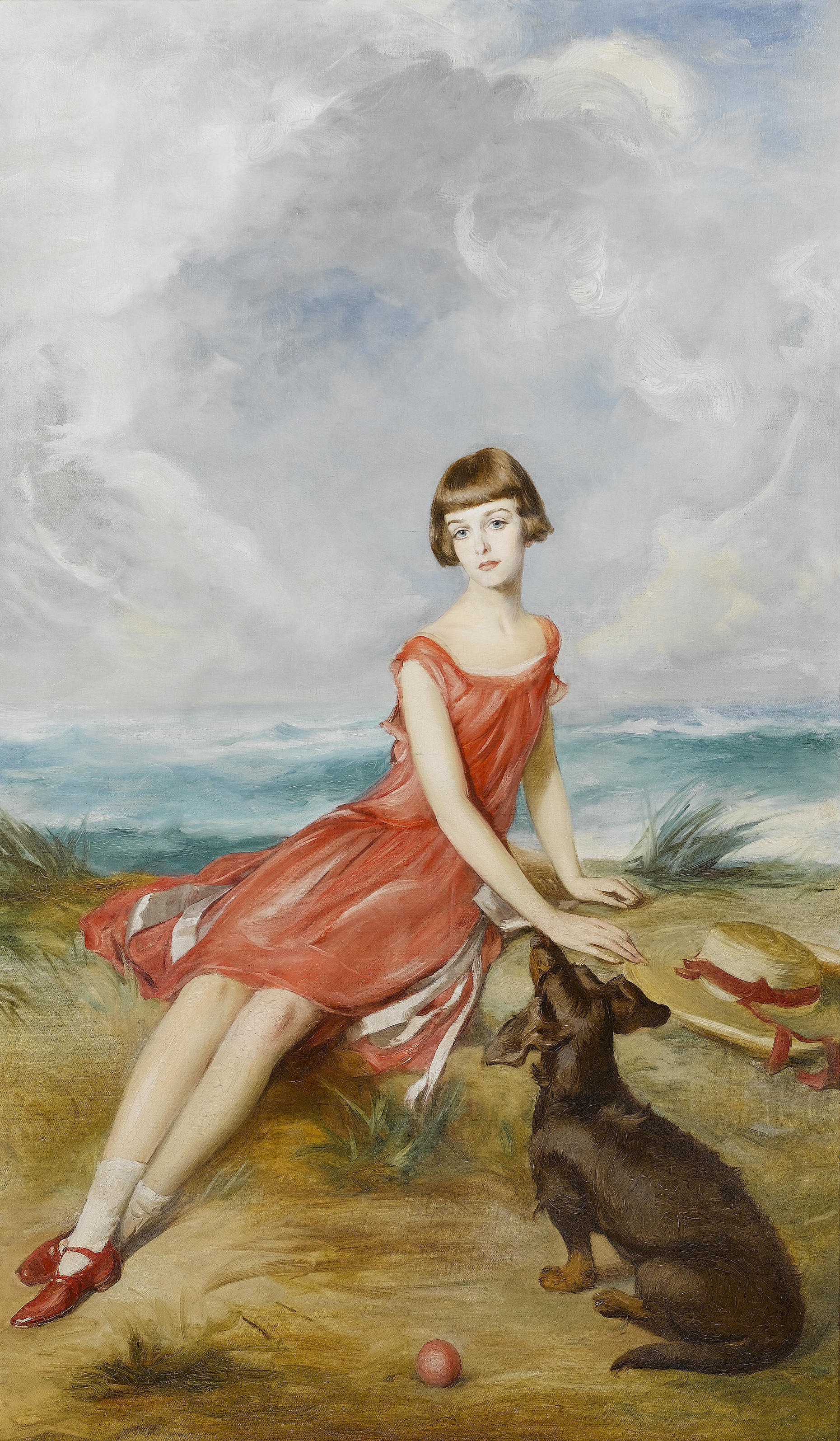 Adolf Pirsch Portrait of a young girl with her dog by the sea