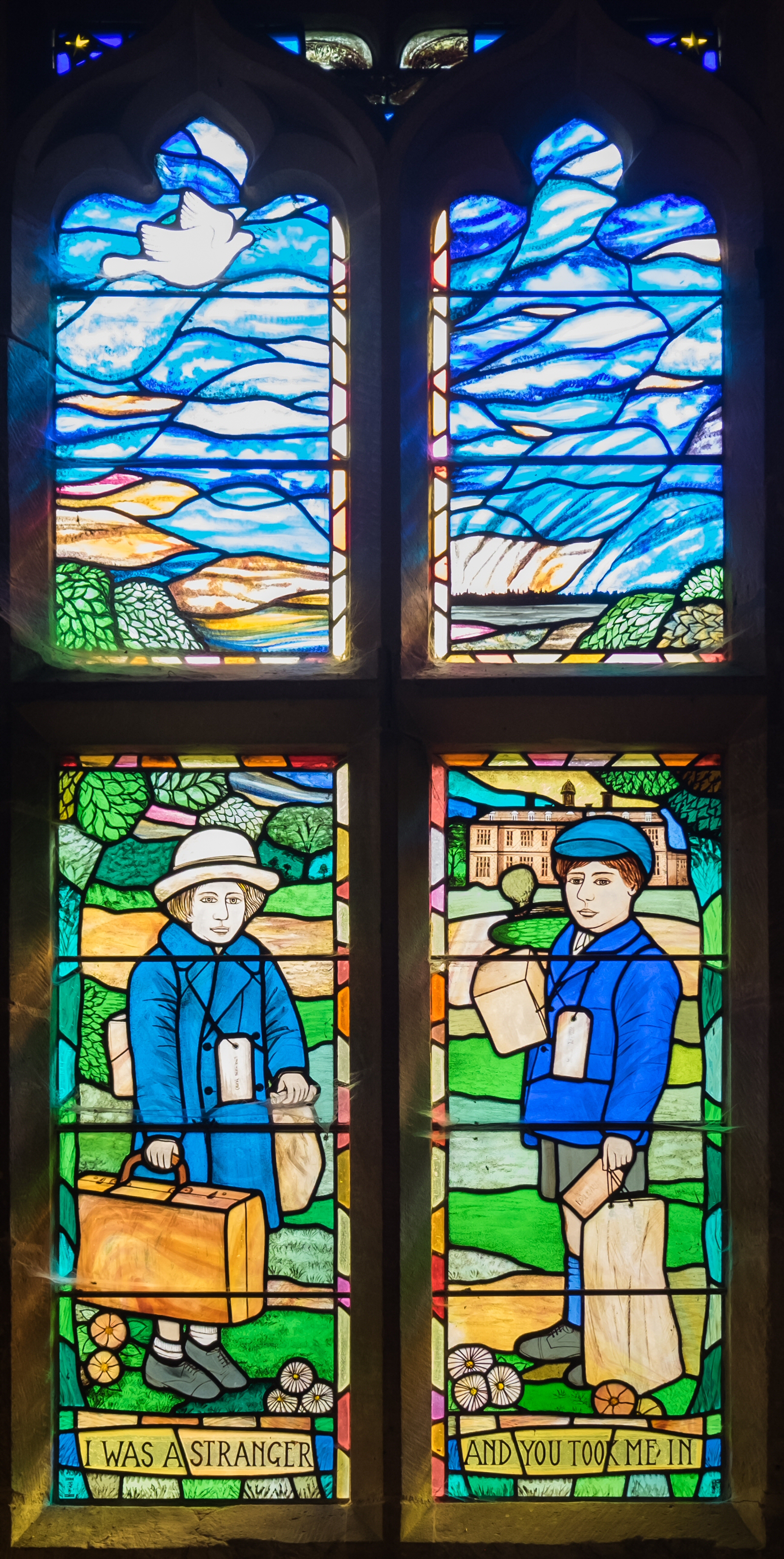 All Saints church, Sudbury - evacuees' gratitude stained glass window by Michael Stokes
