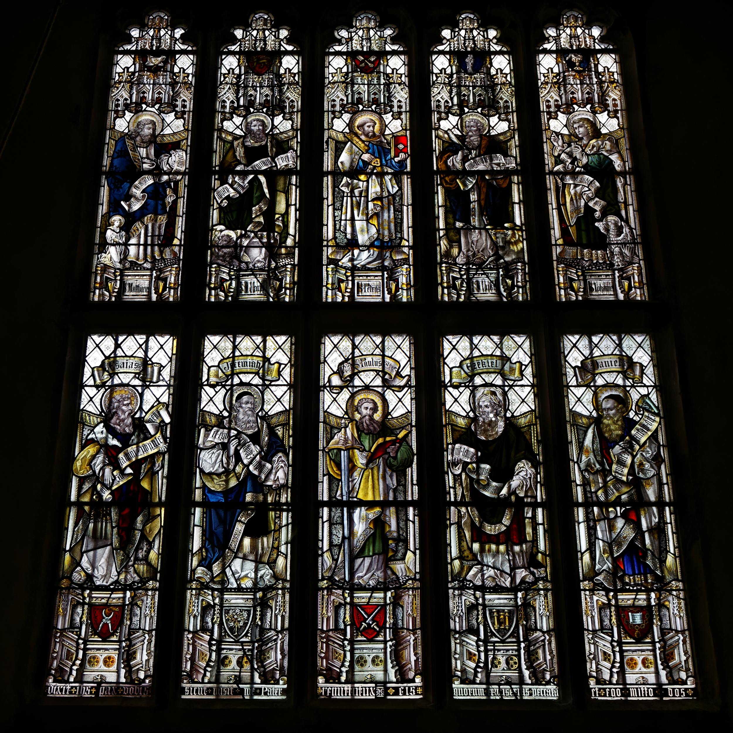 Castle Hedingham, St Nicholas' Church, Essex England, stained glass, saints and apostles, tower west window