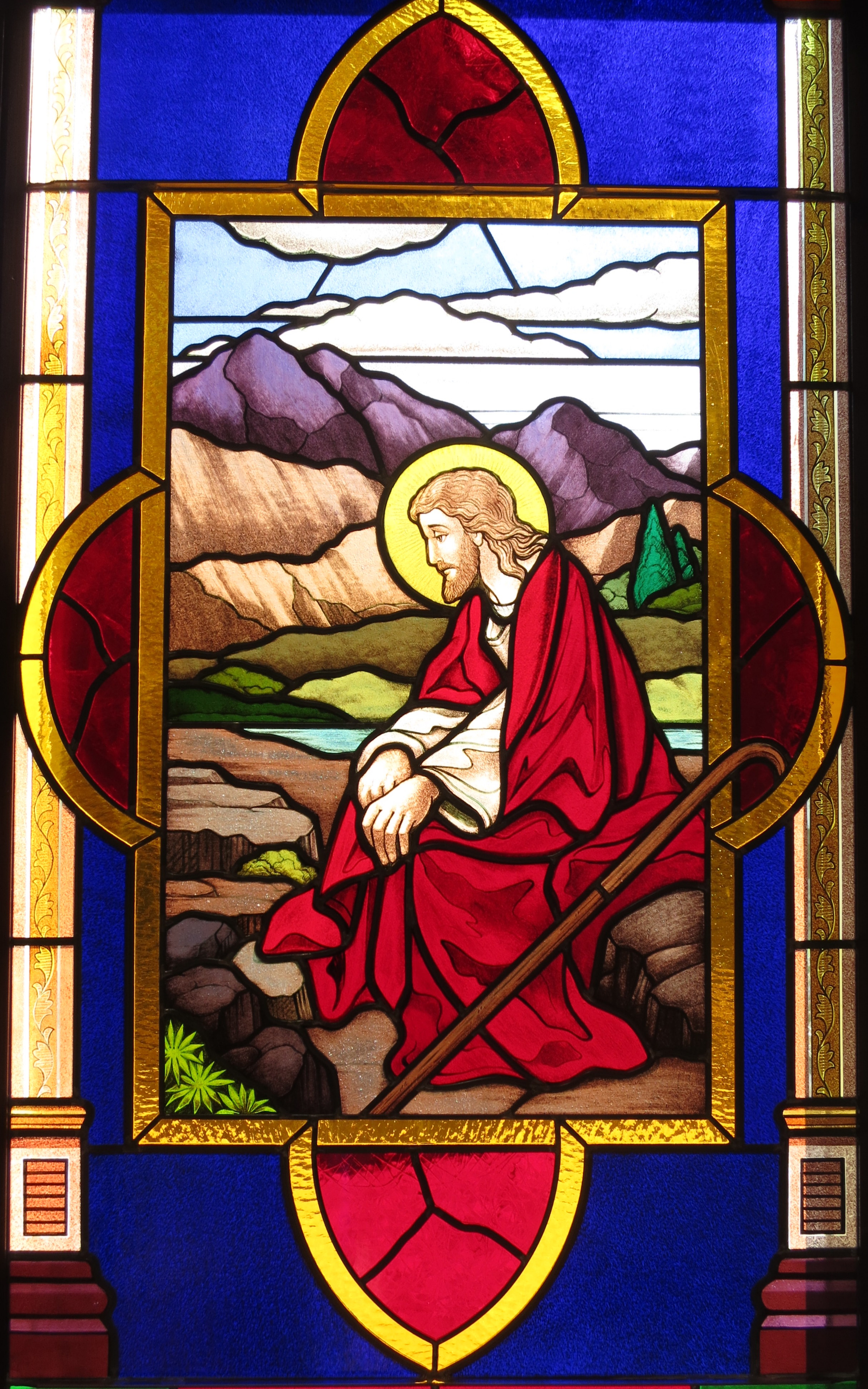 Chapel of the Immaculate Conception (University of Dayton) - stained glass, Good Shepherd looking for lost sheep