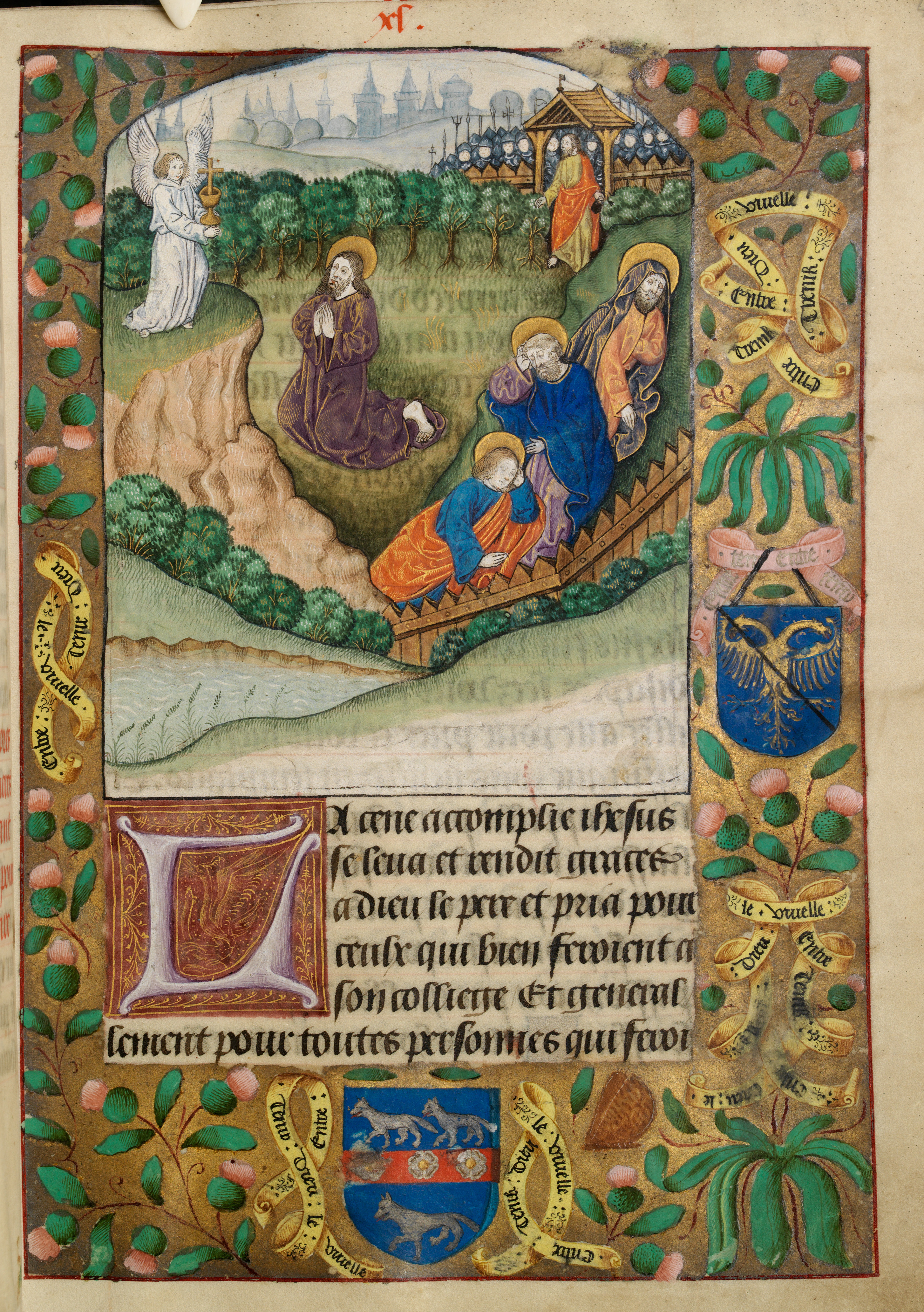 Christ praying in the garden of Gethsemane. Two shields of unidentified arms in borders, with motto “Entre tenir Dieu le viuelle” (f. 40)