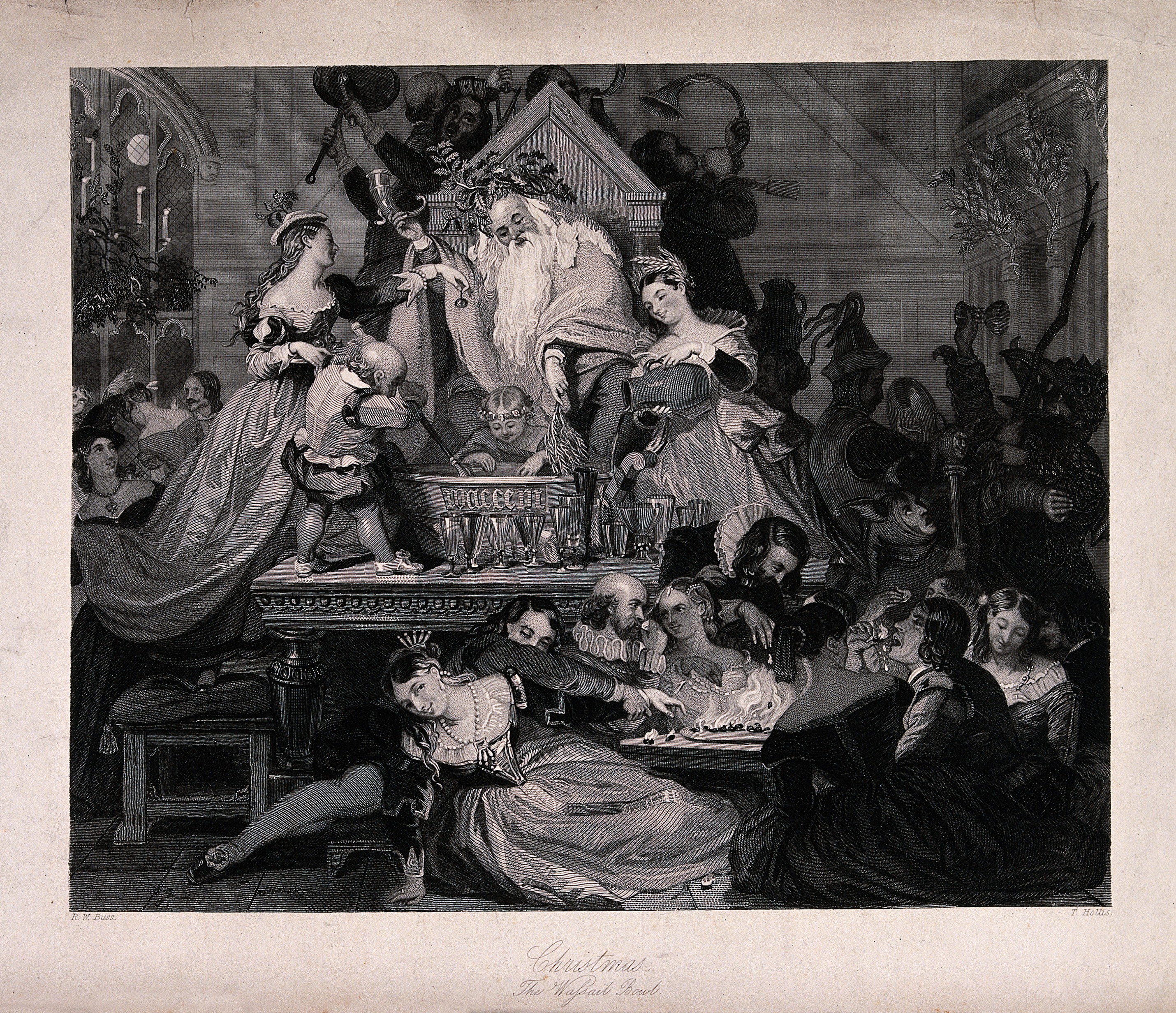 Christmas celebrated by people playing instruments, eating a Wellcome V0040156