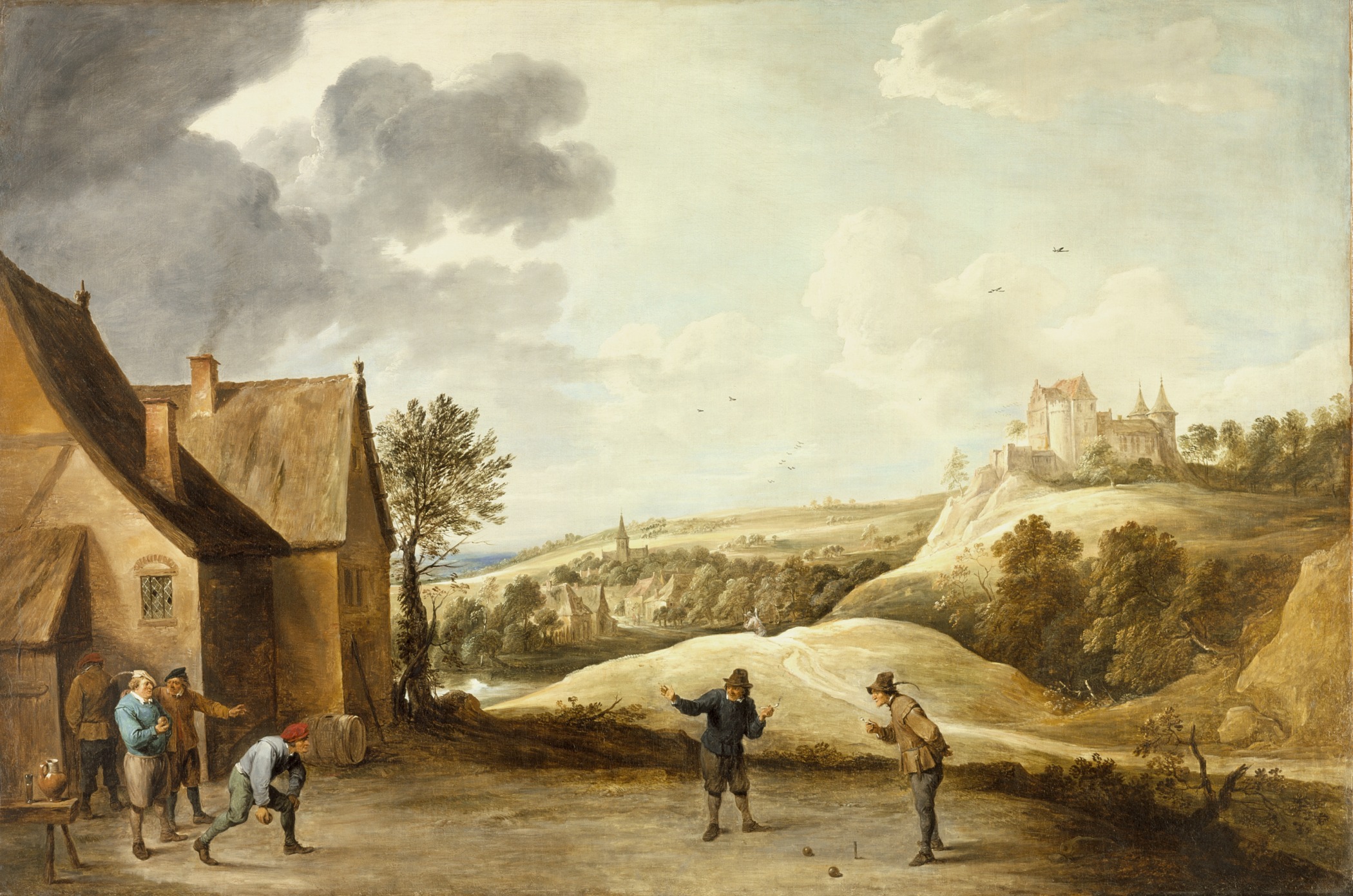 David Teniers (II) - Landscape with Peasants Playing Bowls Outside an Inn, LACMA 46.49.4